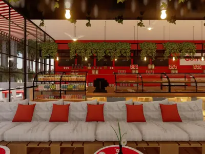 Cozy Cafe Interior with Custom Wooden and Concrete 3D model