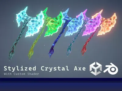 Stylized Crystal Axe with custom shader Unity - URP and VRChat Low-poly 3D model