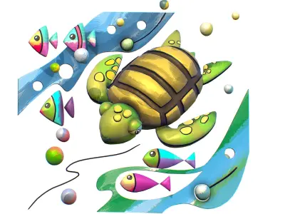 Cartoon 3D illustration Sea Animal Turtle Fish Low-poly 3D model