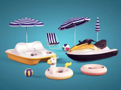 Summer Pack -- Umbrella Chair Jet-ski Pedal Boat Swim Ring Ball 3D model