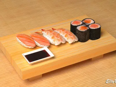Sushi with chopsticks on wooden table 3D model