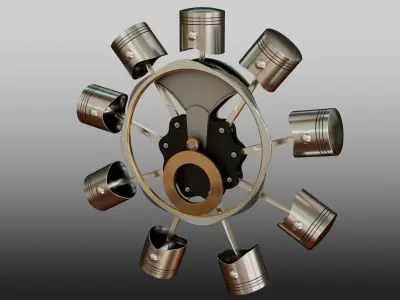 Radial Motor with Piston Mechanism Nose Propellers Anim and Rig 3D model