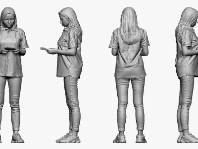 001299 woman with long hairs in purple polo money in hands 3D model