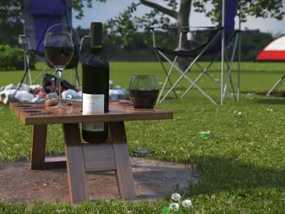 Rustic Wine Table with Corkscrew and Red Wine 3D model