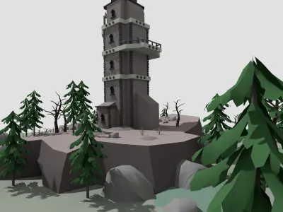 low poly cartoon fantasy tower scene Low-poly 3D model