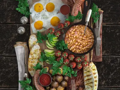 Full English Breakfast platter Low-poly 3D model