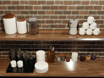 Kitchen and Coffee Pack - dishware food drinks and furniture set Free 3D model
