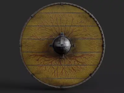 Slavic round wooden shield-painted yellow with trees symbol Low-poly 3D model