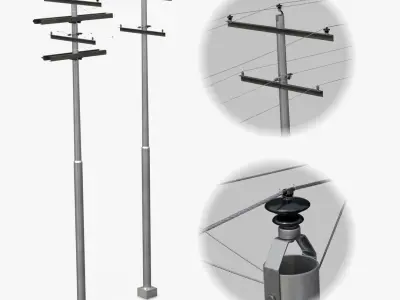 Utility Pole - Metal Mast with Double Crossarms 3D model