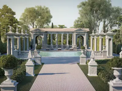 Exteriors swimming pool with classical columns Tuscan column 3D model