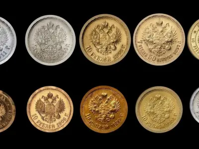 Set of coins of Nicholas II Low-poly 3D model