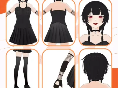 VRM 3D MODEL GOTH GIRL FISHNET DARK PUNK SCI FI GLOVES CUTE 3D model