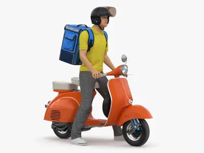 Delivery Man on Retro Scooter Standing 3D model