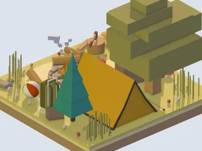 isometric camping ground near a big tree Low-poly 3D model
