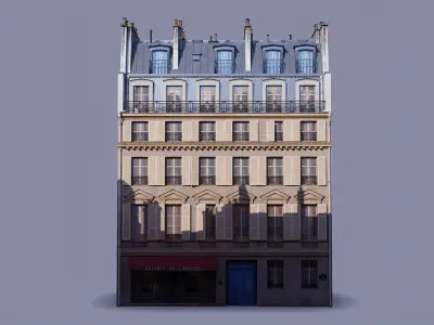 Paris building with two type dormers Low-poly 3D model