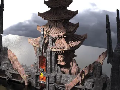 cyberpunk AsianTower Floating Kitbash 3 3D model