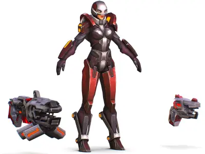 Woman Cyborg Machine Gun Rifle and Pistol Low-poly 3D model