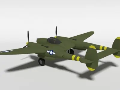 Low Poly Cartoon Lockheed P38 - Lighting WWII Airplane Low-poly 3D model