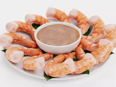 Shrimps on Plate with Sauce - Realistic Seafood Arrangement 3D model