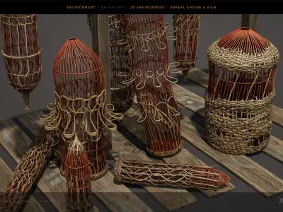 Game ready set of eastern baskets Nanite pipeline Low-poly 3D model