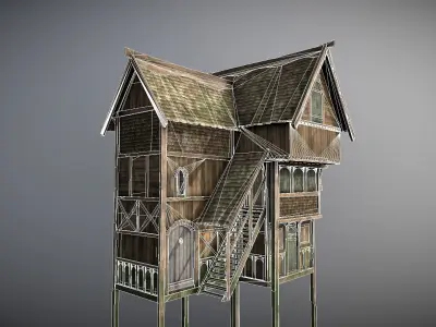 Medieval Lake Village - House 5 with interiors Low-poly 3D model