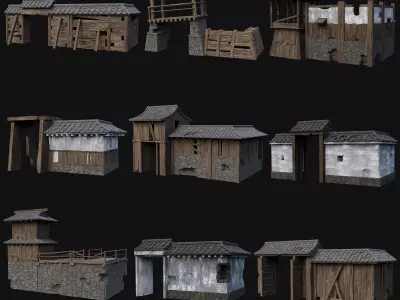 RUINED JAPANESE WALLS PALISADE FEUDAL FENCE BARRIER COLLECTION Low-poly 3D model