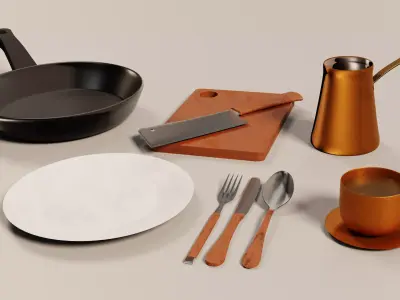 Kitchen Props pack - Frying pan knife Cutting board 3D model