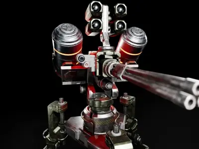 Scifi Automated Turret Minigun and Rocket Missile Launcher - UE4 Low-poly 3D model