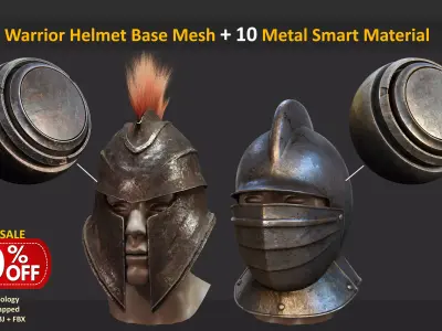 100 Warrior Helmet Base Mesh With 10 Metal Smart Material Low-poly 3D model