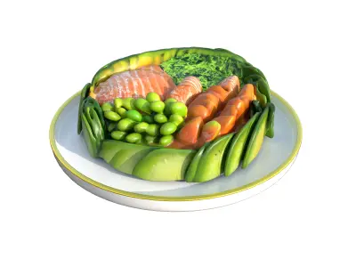 Poke Cake Bowl Salad Bar Sushi Bowl  brocoli tuna fish fruits Low-poly 3D model