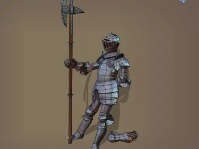 Gosthly Armor with Halberd 4 poses Low-poly 3D model