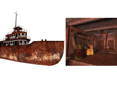 Old Abandoned Rusted Ship with Interior Low-poly 3D model