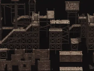 Medieval Wooden Kitbash Collection Low-poly 3D model