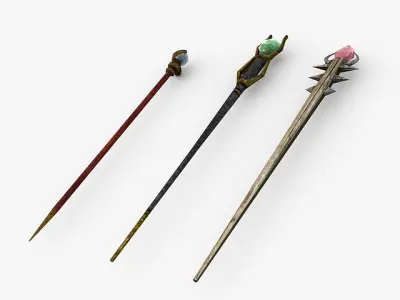 Low poly Staffs golden wand with gemstone Low-poly 3D model