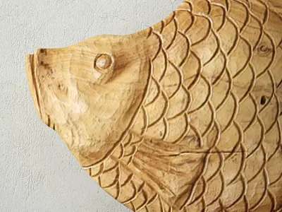 Carved Wood Fish Sculpture on Stand 3D model
