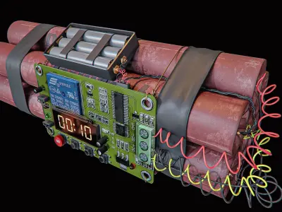 dynamite electronic bomb with wires and clock 3D model