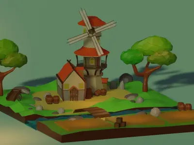 Windmill paper and trees 3D model