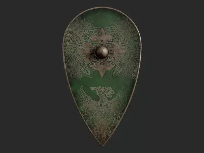 Slavic kite leather shield-painted green with pheasant symbol Low-poly 3D model
