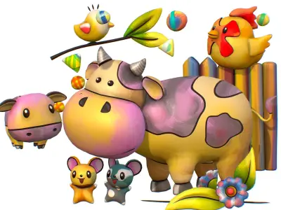 Cartoon 3D illustration Cow Mouse Rooster Chick Low-poly 3D model