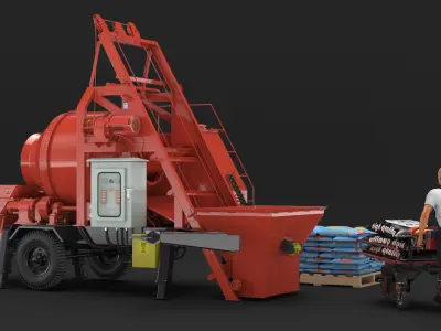 Worker with Cement and Concrete Mixer Pump 3D model
