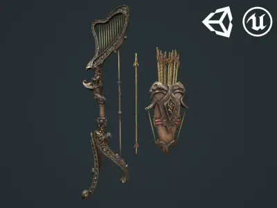 Harp bow quiver arrow Low-poly 3D model