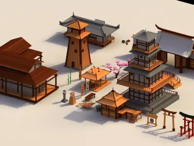 Low Poly Traditional Japanese Town Low-poly 3D model