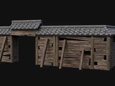 RUINED JAPANESE WALLS PALISADE FEUDAL FENCE BARRIER COLLECTION Low-poly 3D model