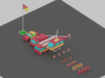 Fire Vehicles Car Van Helicopter Drone Low-poly 3D model