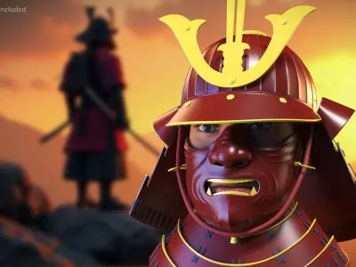 Armored Samurai Head with Kabuto and Menpo Red 3D model