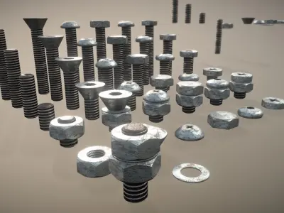Rusty Low-Poly Bolt and Nut Package Low-poly 3D model
