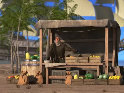 Medieval Merchant with Market Stall 3D model