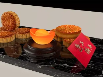 Chinese mooncake with yuan boa and red envelope 3D model