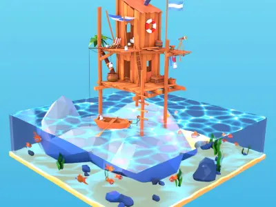Seashack blender file with water material Low-poly 3D model