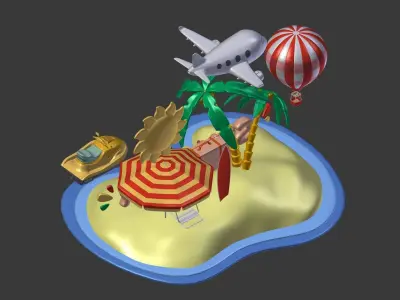 Cartoon Summer Collection - Beach Parasol Beach Jetski Plane Low-poly 3D model